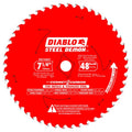 Vista frontal completa del disco de sierra circular Diablo Steel Demon rojo de 7-1/4 pulgadas y 48 dientes, especial para metales y acero inoxidable