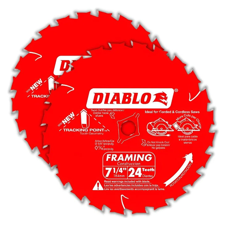 Pack de dos discos de sierra circular Diablo de 7 1/4 pulgadas y 24 dientes para enmarcado y construcción en madera.