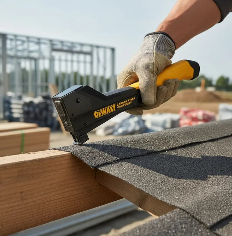 "Grapadora de martillo DeWalt fibra de carbono 75900 trabajando en techumbre"