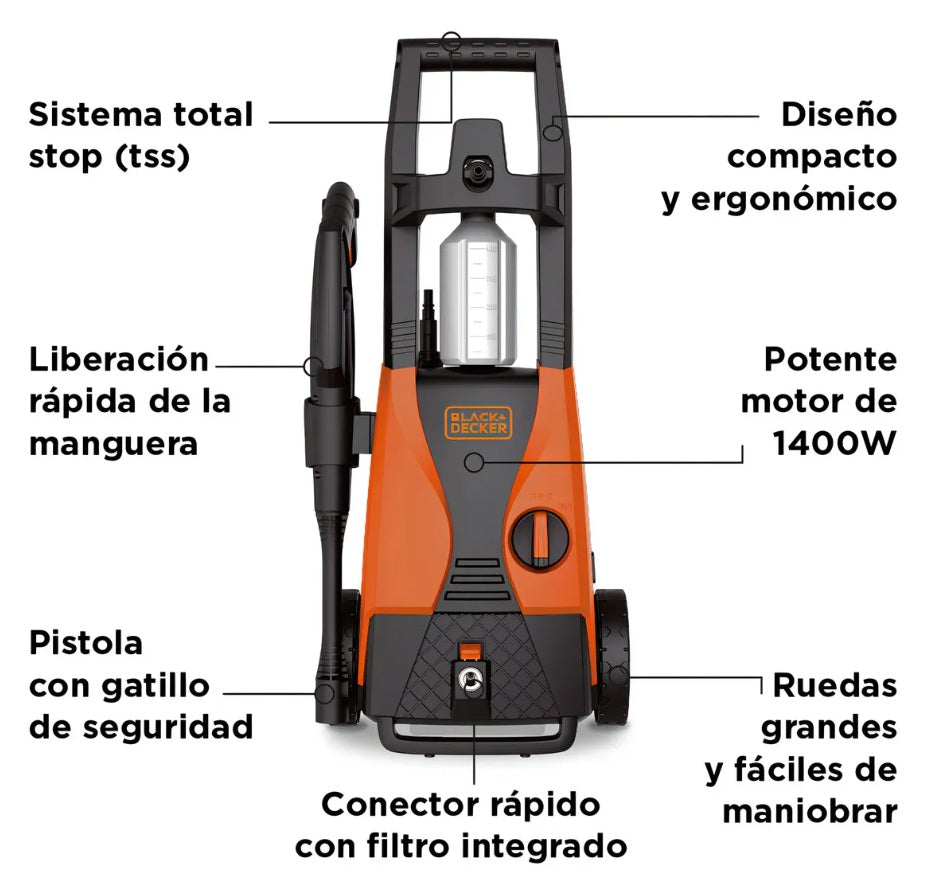 Hidrolavadora Alta Presión Black+Decker 1512 PSI 1400W | Portátil, Ruedas, Manguera 3m y Accesorios