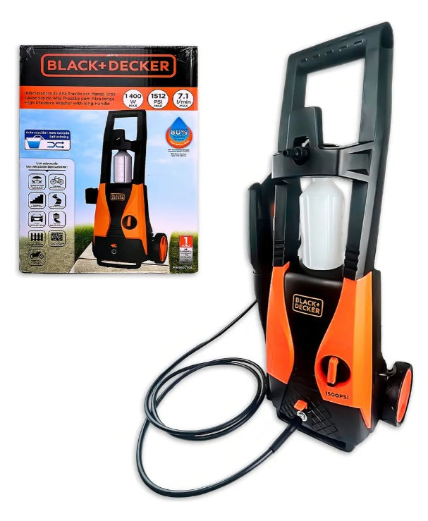 Hidrolavadora Alta Presión Black+Decker 1512 PSI 1400W | Portátil, Ruedas, Manguera 3m y Accesorios