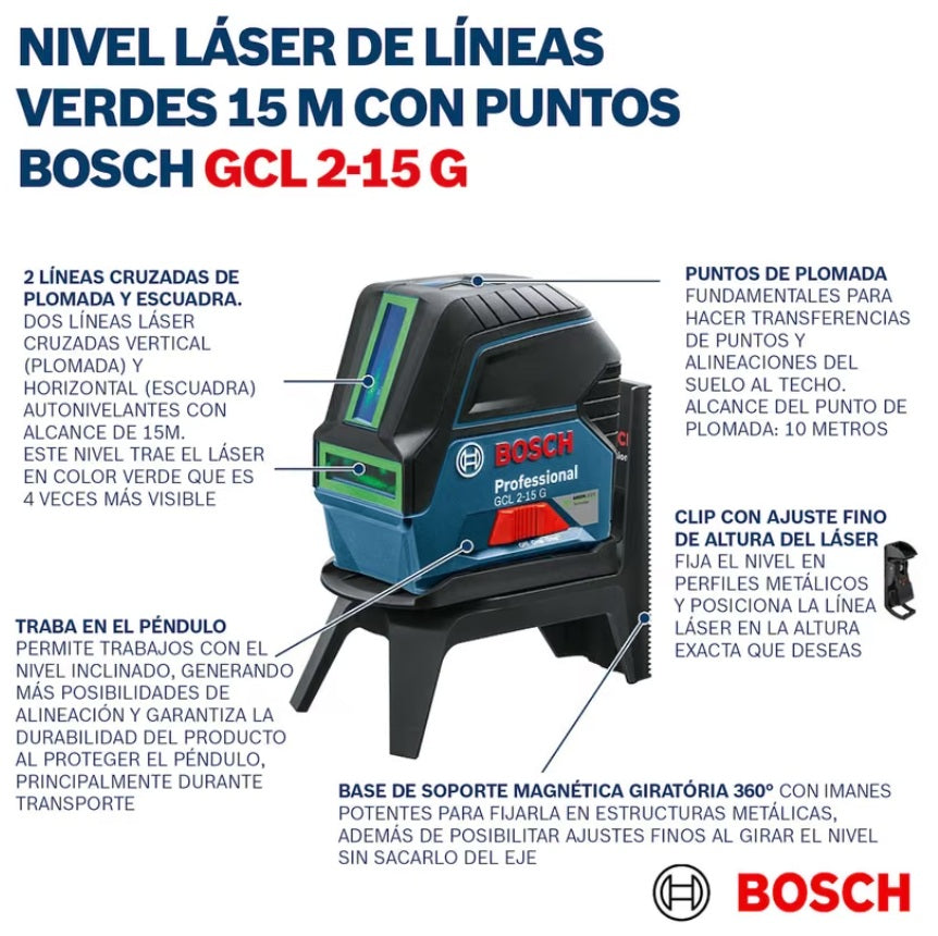 Nivel Láser Verde Bosch GCL 2-15 G Professional + Soporte RM 1 y Maletín