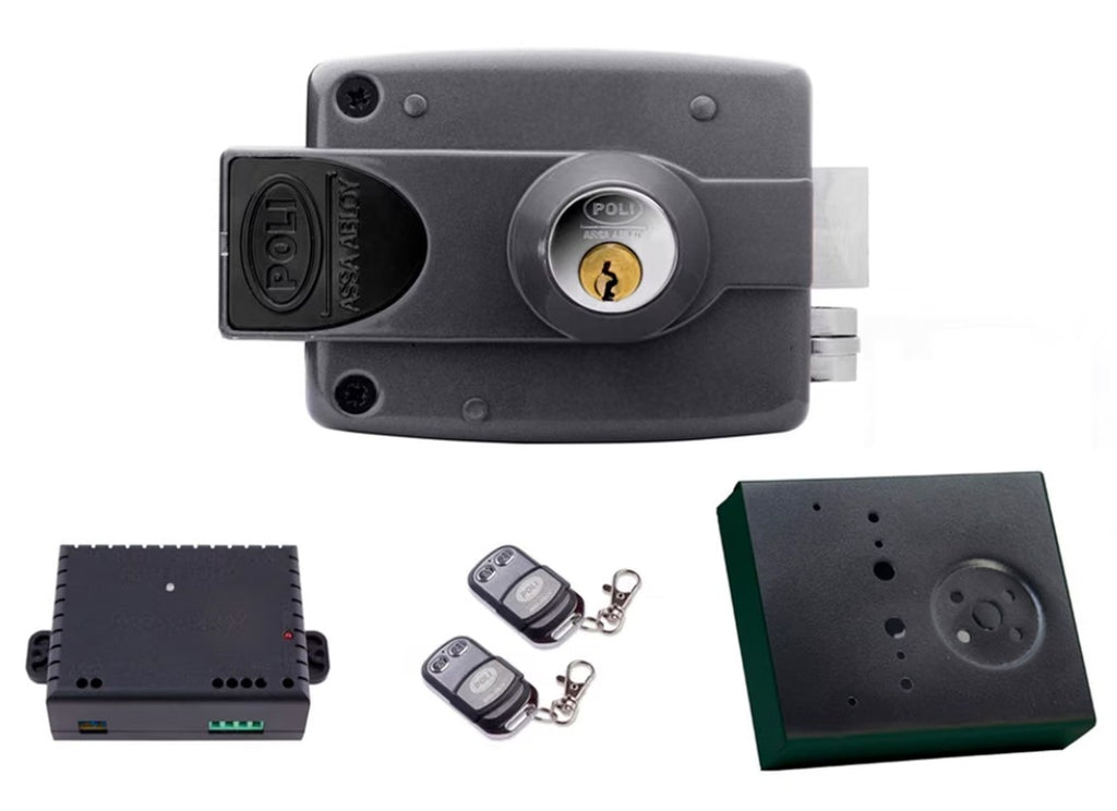 Componentes del kit cerradura eléctrica Poli 3010 con transformador switching, controles remotos y caja metálica para soldar