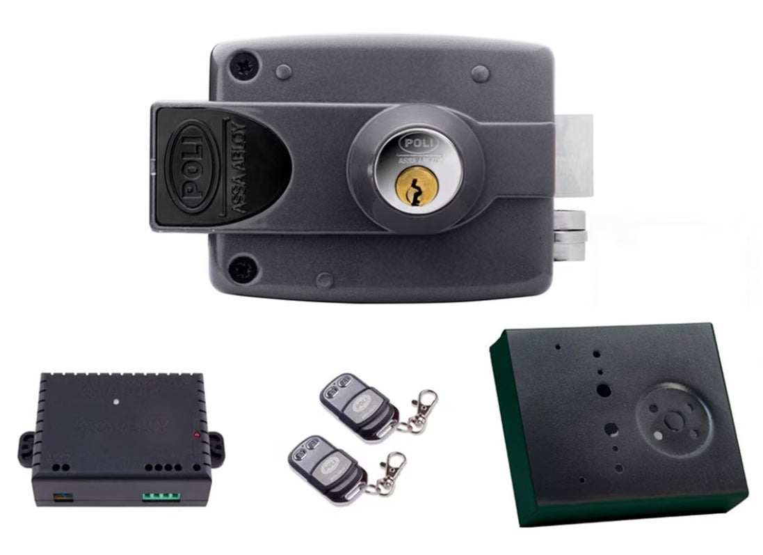 Componentes del kit cerradura eléctrica Poli 3010 con transformador switching, controles remotos y caja metálica para soldar