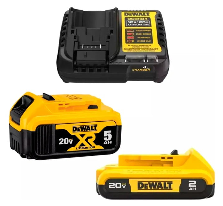 "Kit 2 Baterías Dewalt 20V 5Ah 2Ah XR Cargador DCB1104 Proyecto Madera Chile".