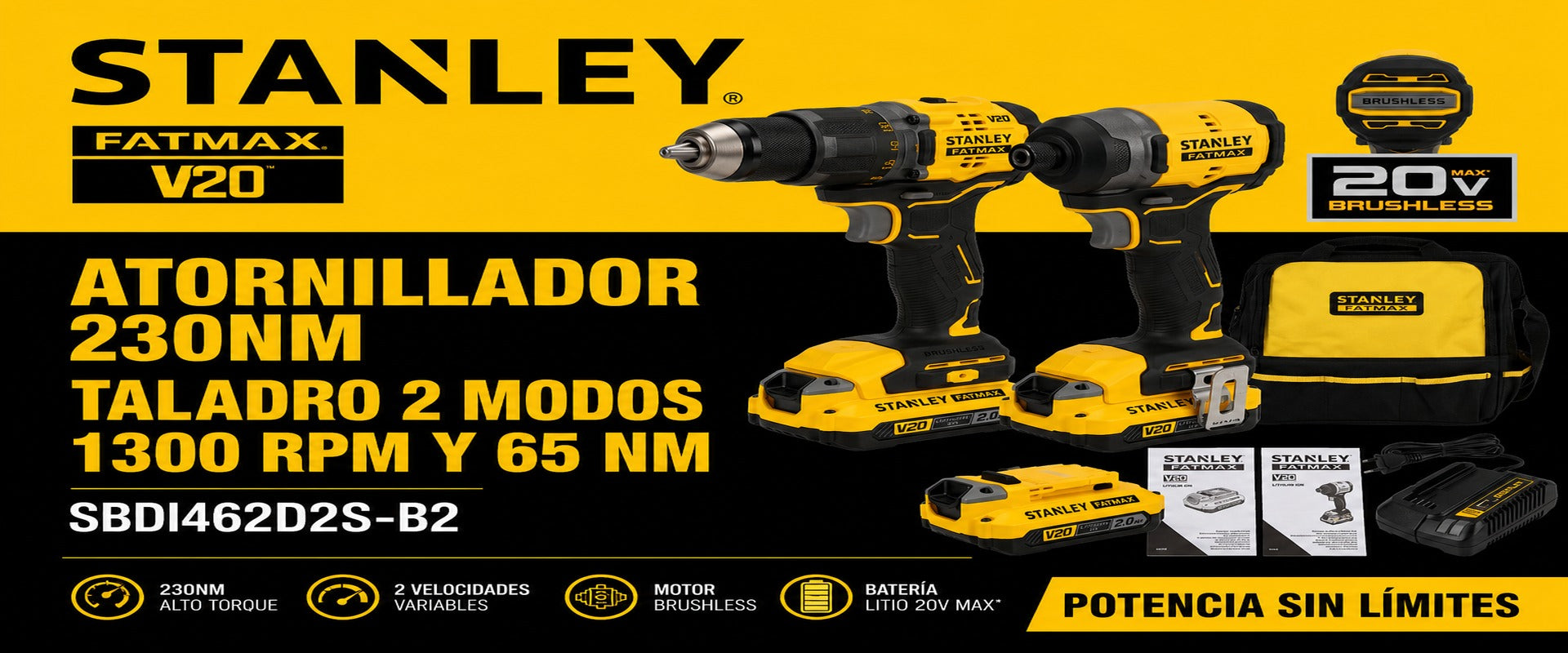 "Kit Stanley V20 Brushless SBDI462D2S-B2 – Atornillador 230Nm y Taladro Percutor 65Nm 20V | Proyecto Madera Chile"