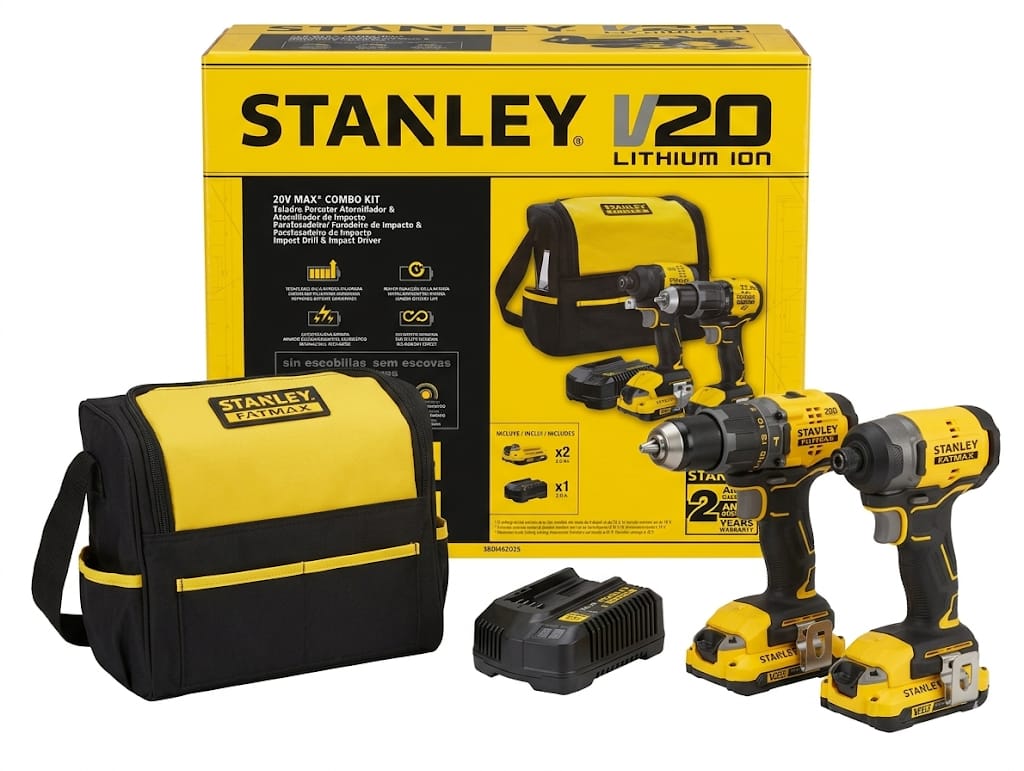 Set Stanley V20 Brushless SBDI462D2S-B2 presentado con su caja, bolso reforzado y cargador; el kit de mayor torque para trabajos exigentes en construcción - Proyecto Madera Chile.