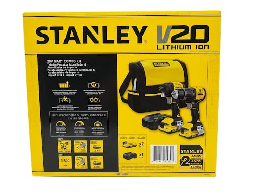 Caja original del Combo Stanley V20 Lithium Ion con tecnología Brushless y 2 años de garantía oficial; ideal para contratistas y ferreterías en Chile - Proyecto Madera Chile.