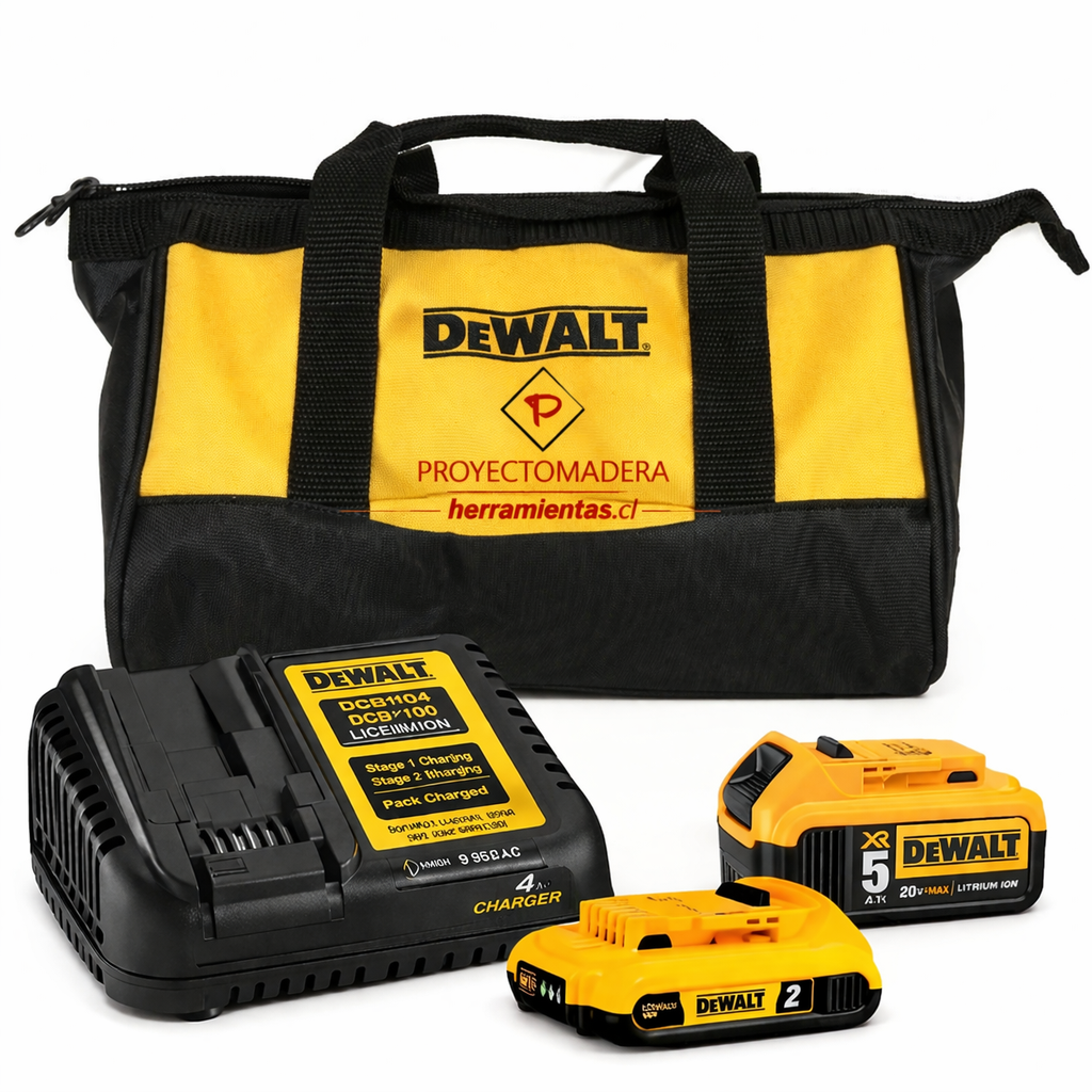 "Kit 2 Baterías Dewalt 20V 5Ah 2Ah Cargador DCB1104 Proyecto Madera Chile".