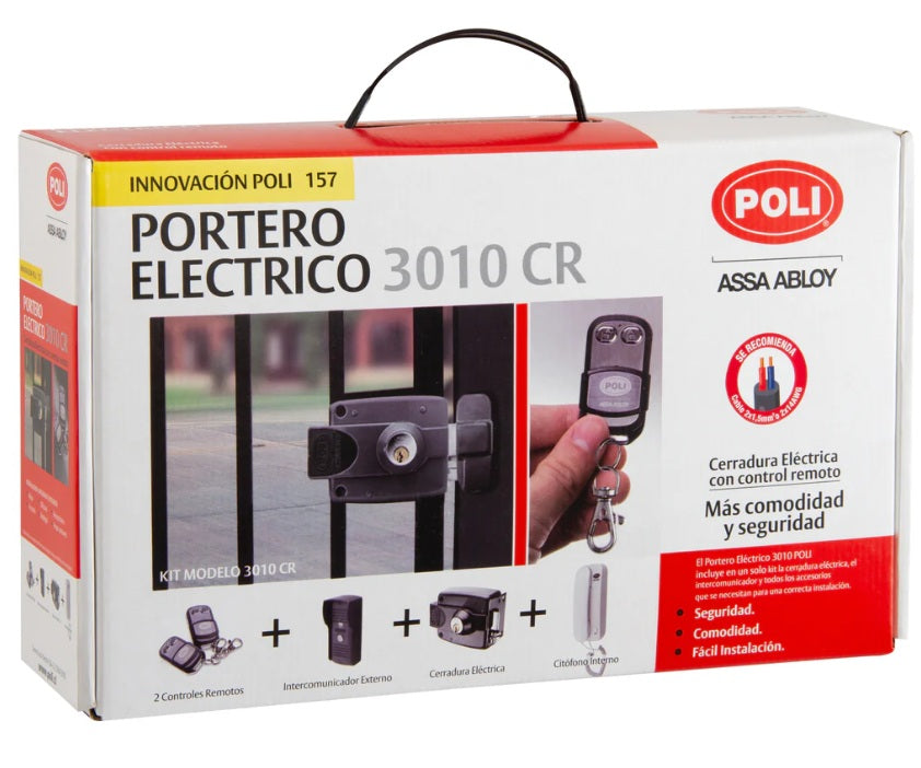 Caja original del Portero Eléctrico Poli 3010 CR con tecnología de control remoto; empaque oficial de Assa Abloy que garantiza originalidad y seguridad - Proyecto Madera Chile.