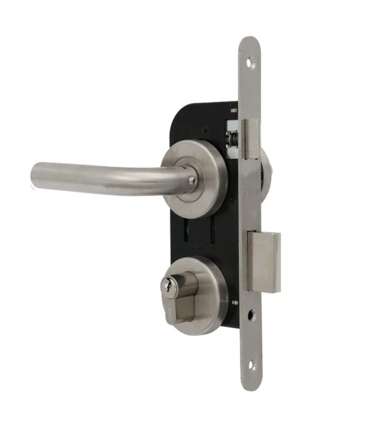 Mecanismo interno de cerradura de embutir Odis 102 con manilla, picaporte reversible, pitón macizo y cilindro europerfil