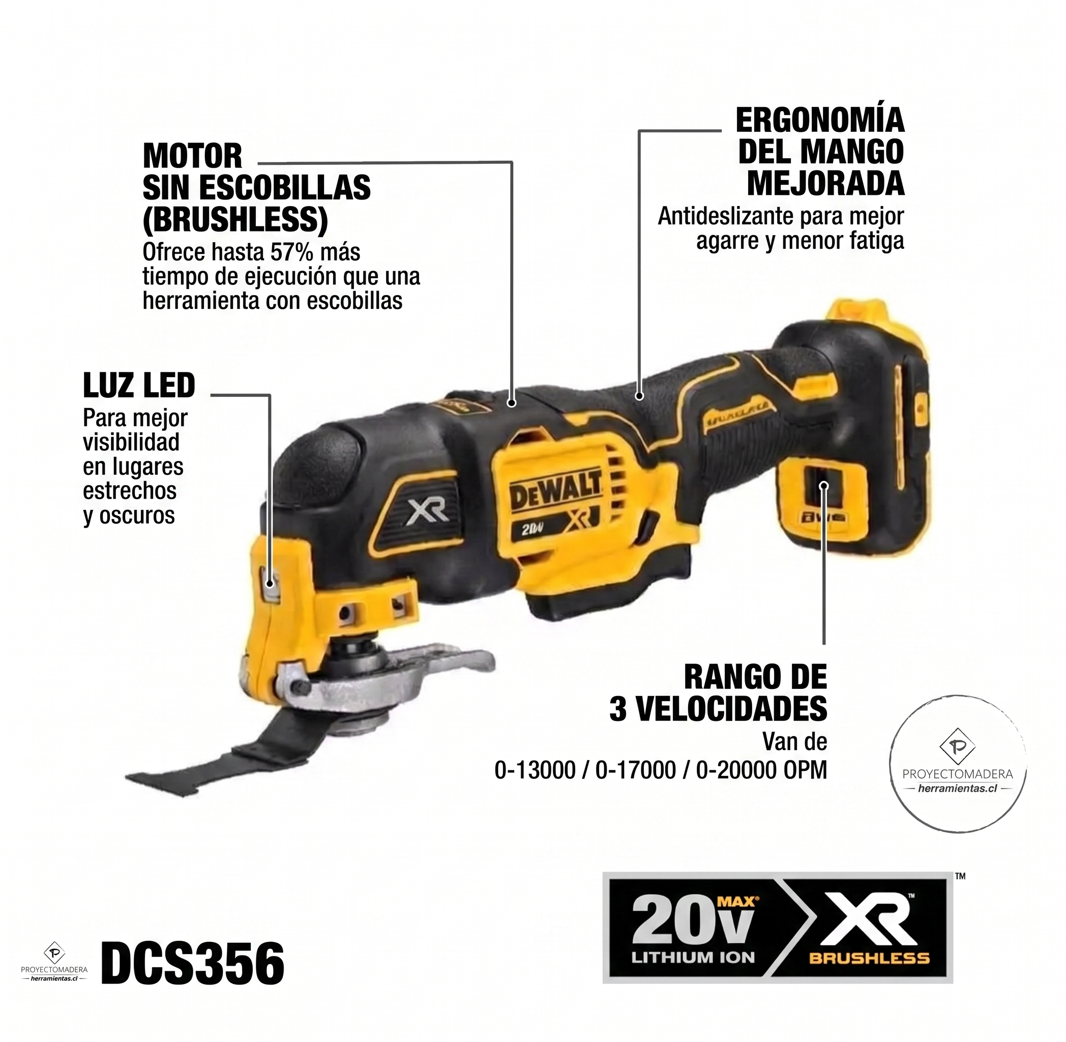 Especificaciones técnicas Dewalt DCS356B: motor sin escobillas, luz LED y selector de 3 velocidades - Herramientas de Verdad