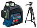 Nivel láser de líneas verdes Bosch GLL 60 XG Professional junto a su trípode de aluminio negro para nivelación en construcción 