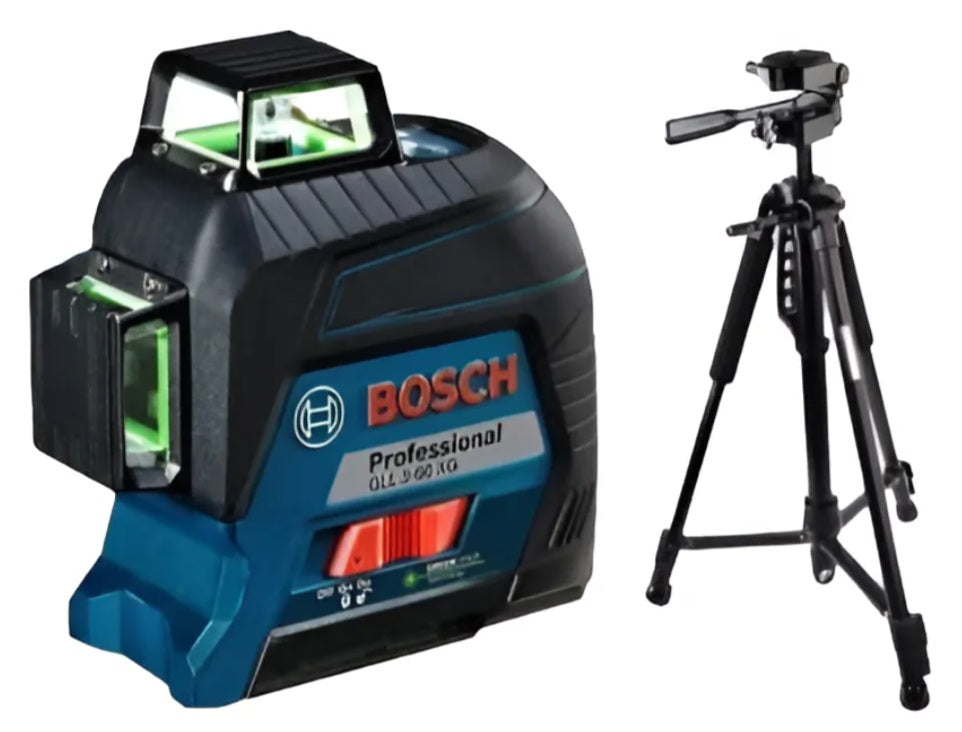 Nivel láser de líneas verdes Bosch GLL 60 XG Professional junto a su trípode de aluminio negro para nivelación en construcción 