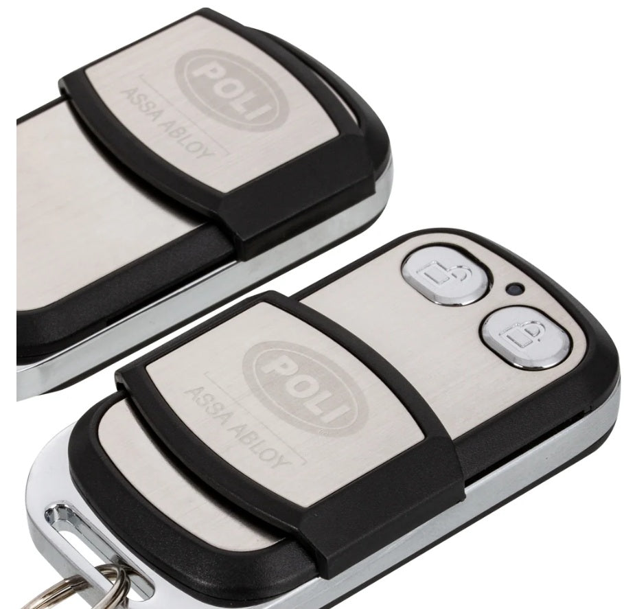 Par de controles remotos inalámbricos Poli 3010 Rolling Code con tapa deslizante protectora y botones de apertura.