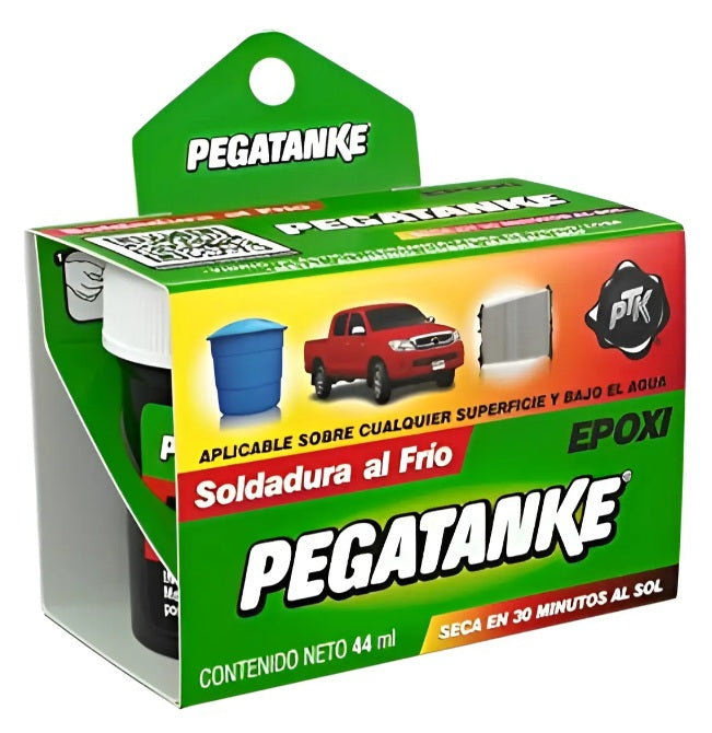 "Pegamento Pegatanke Negro Soldadura al Frío de 44ml. Adhesivo epóxico de alta resistencia que seca en 30 minutos al sol, ideal para motores, tanques y reparaciones bajo el agua en Chile."