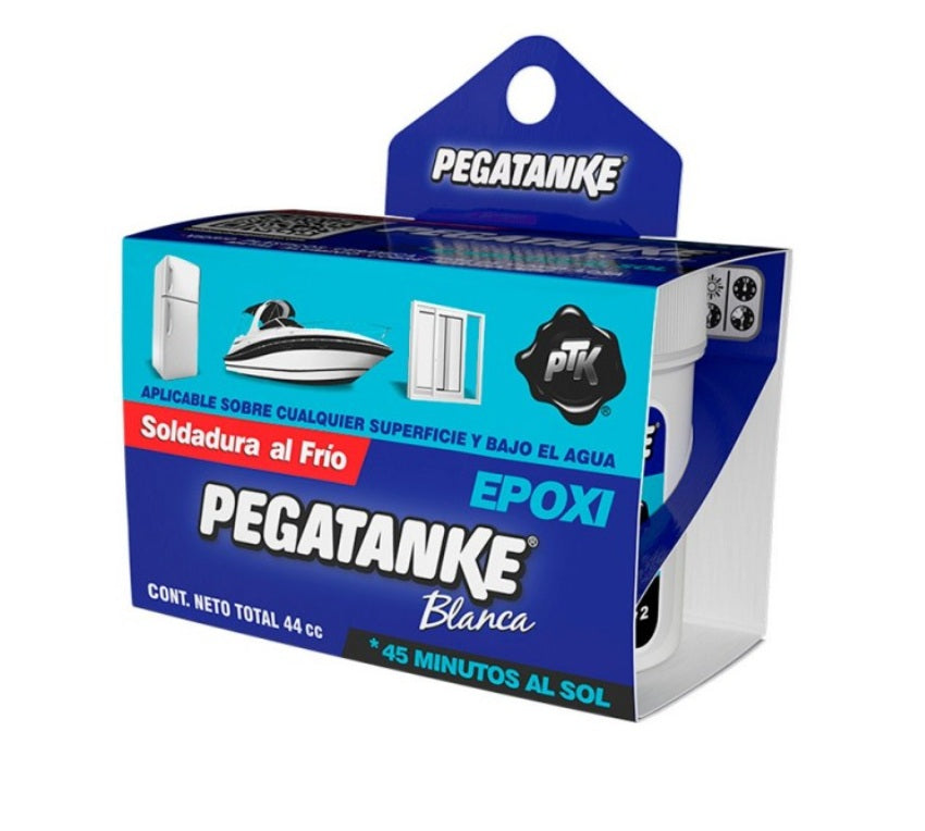 "Empaque de Pegatanke Blanco 44cc, adhesivo epóxico y soldadura al frío de alta resistencia para loza, PVC y línea blanca. Secado rápido en 45 minutos al sol, disponible en Proyecto Madera Chile."