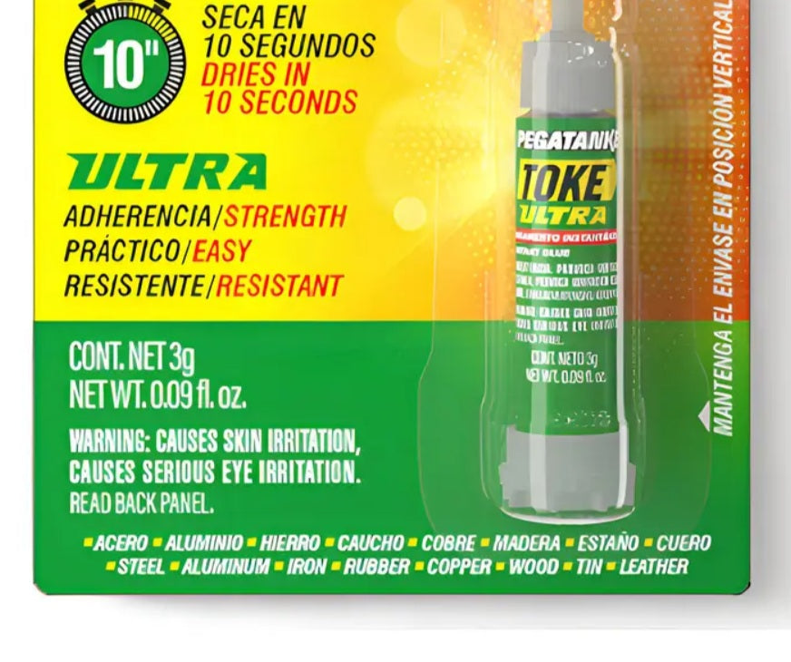 "Lista de materiales compatibles con Pegatanke Toke Ultra: acero, cuero, madera, cerámica."