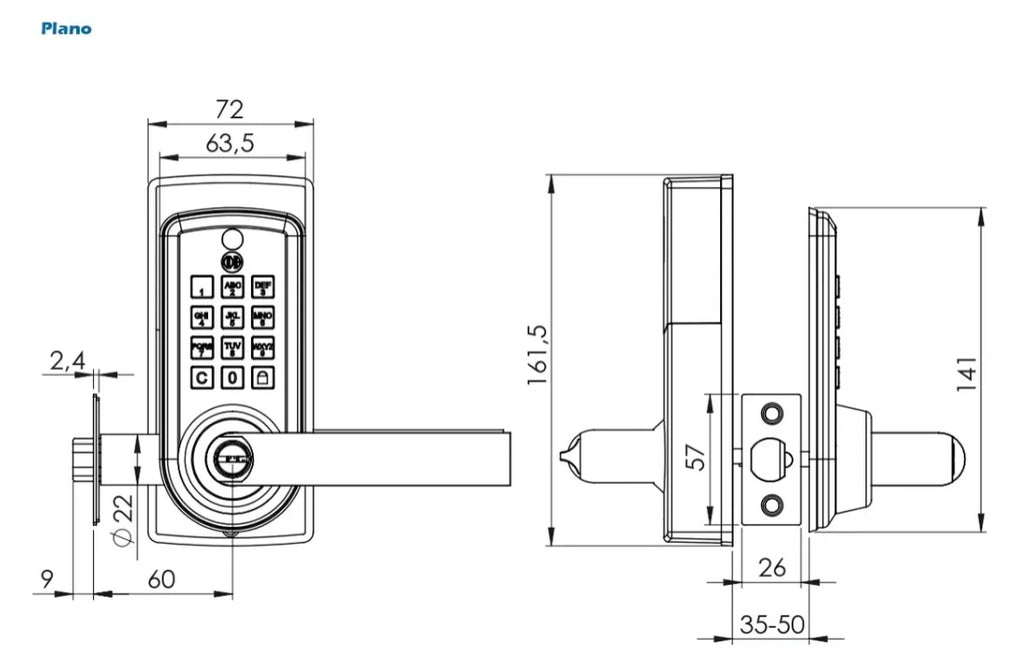 Plano técnico con cotas y medidas de la cerradura digital Odis 6600: altura de 161,5 mm, ancho de 72 mm, backset de 60 mm y grosor de puerta compatible entre 35 mm y 50 mm