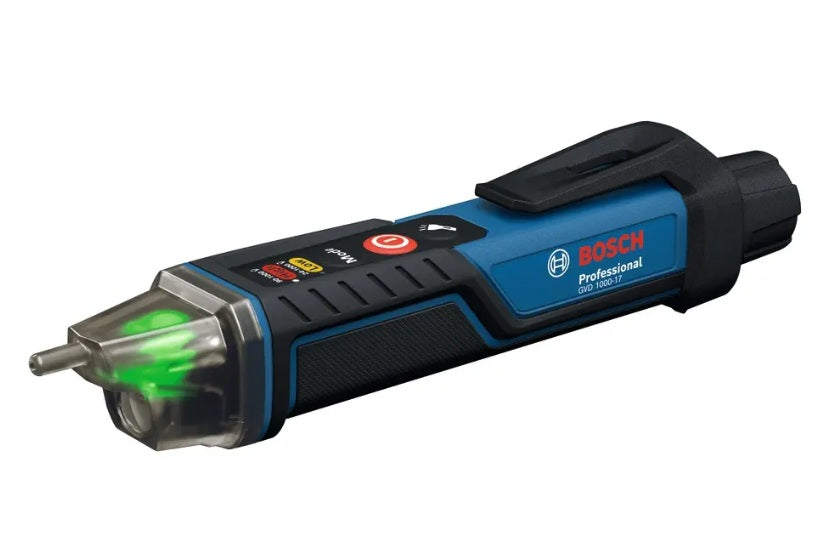 Probador detector de voltaje sin contacto Bosch GVD 1000-17 Professional encendido con luz verde en la punta, ideal para electricistas.