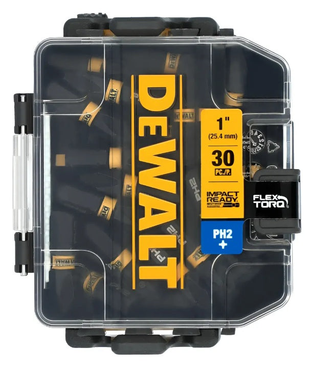 Caja de 30 puntas de impacto Phillips PH2 de 1 pulgada DeWalt DWAF1PH2IR30 Impact Ready FlexTorq en estuche transparente