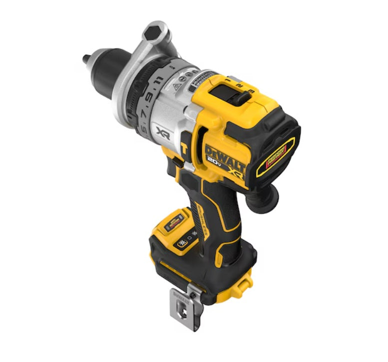 Taladro percutor DeWalt DCD1007B-B3 vista superior con selector de 3 velocidades mecanicas y clip de cinturon