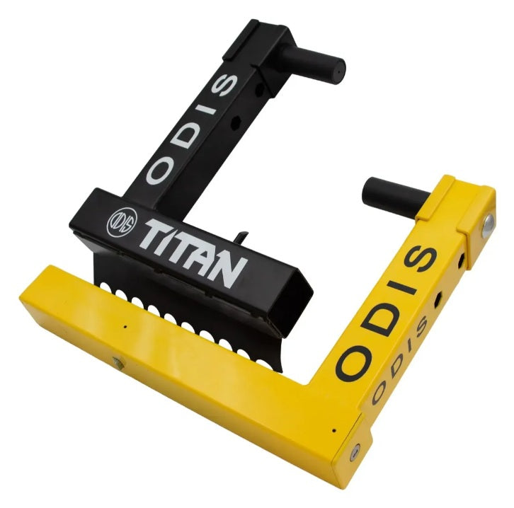 Traba ruedas Odis W5500 Titan de acero reforzado en color amarillo y negro con base dentada de seguridad