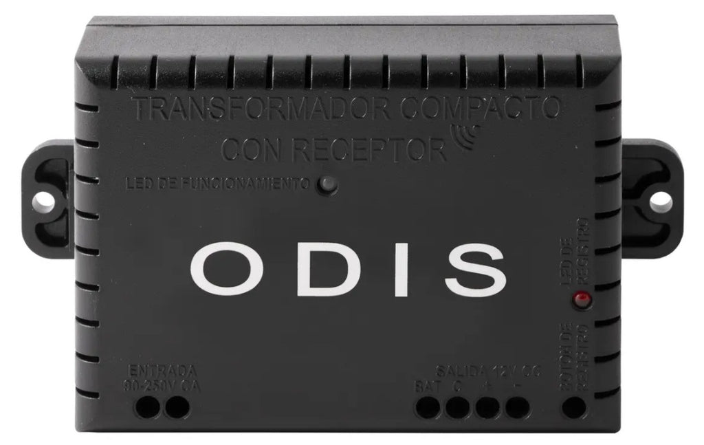 "Transformador compacto ODIS con módulo receptor de radiofrecuencia para apertura a distancia de chapa eléctrica."