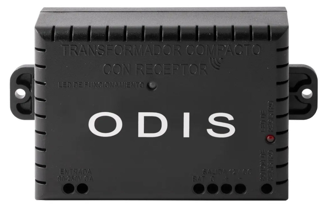 "Transformador compacto ODIS con módulo receptor de radiofrecuencia para apertura a distancia de chapa eléctrica."