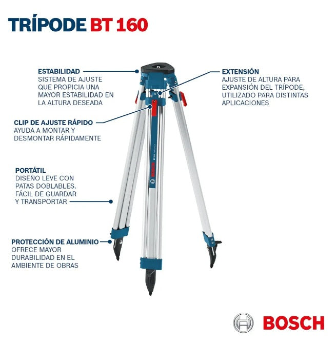 Especificaciones técnicas Bosch BT 160: clip de ajuste rápido, portabilidad y estabilidad en obra – Herramientas de verdad