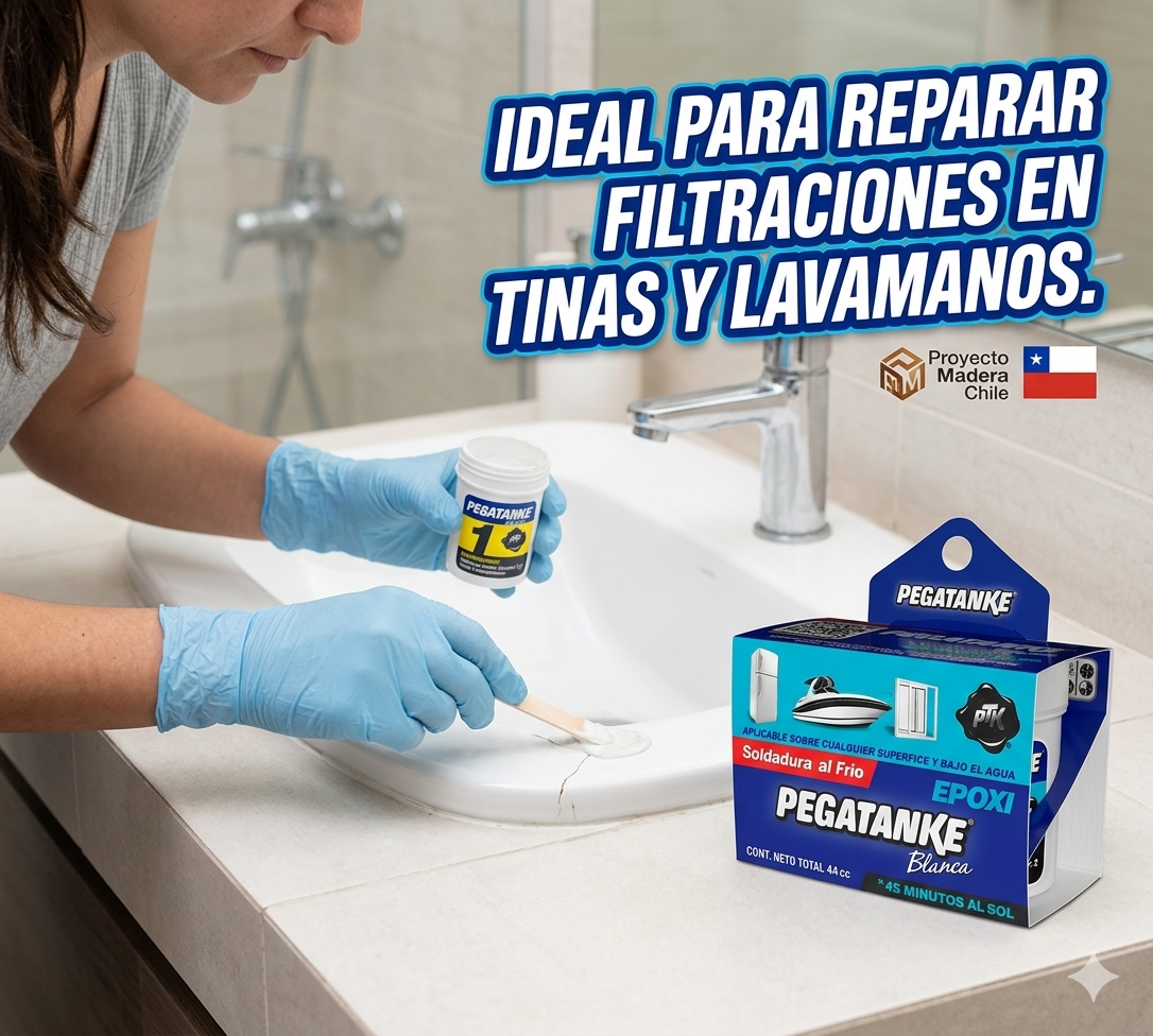 Pegatanke Blanco 44cc reparando filtración en lavamanos, ideal para tinas y baños, disponible en Proyecto Madera Chile